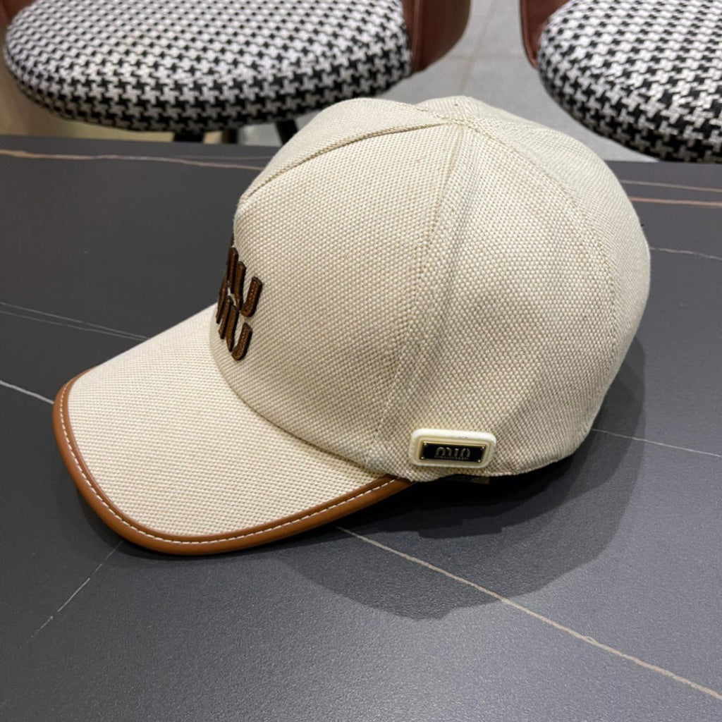 MIU MIU MM BASEBALL CAP IN LIGHT BEIGE FABRIC AND CALFSKIN