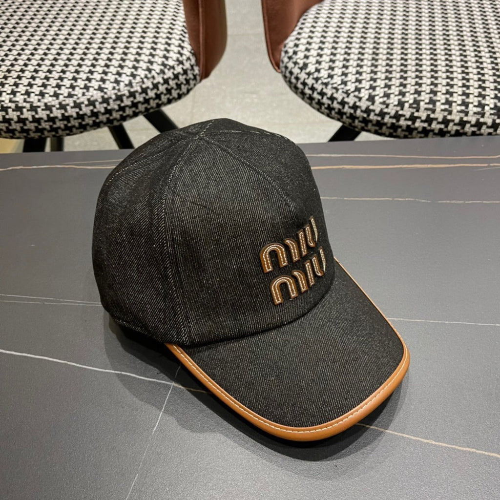 MIU MIU MM BASEBALL CAP IN BLACK DENIM AND CALFSKIN