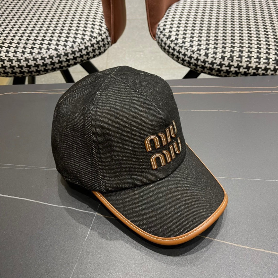 MIU MIU MM BASEBALL CAP IN BLACK DENIM AND CALFSKIN