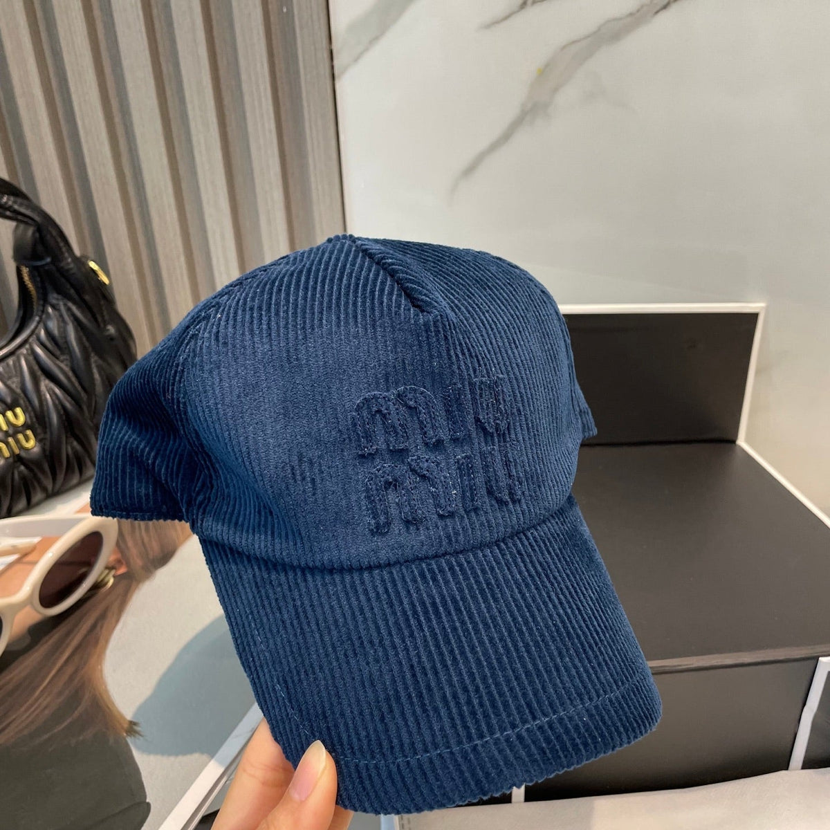 MIU MIU MM BASEBALL CAP IN NAVY BLUE VELVET