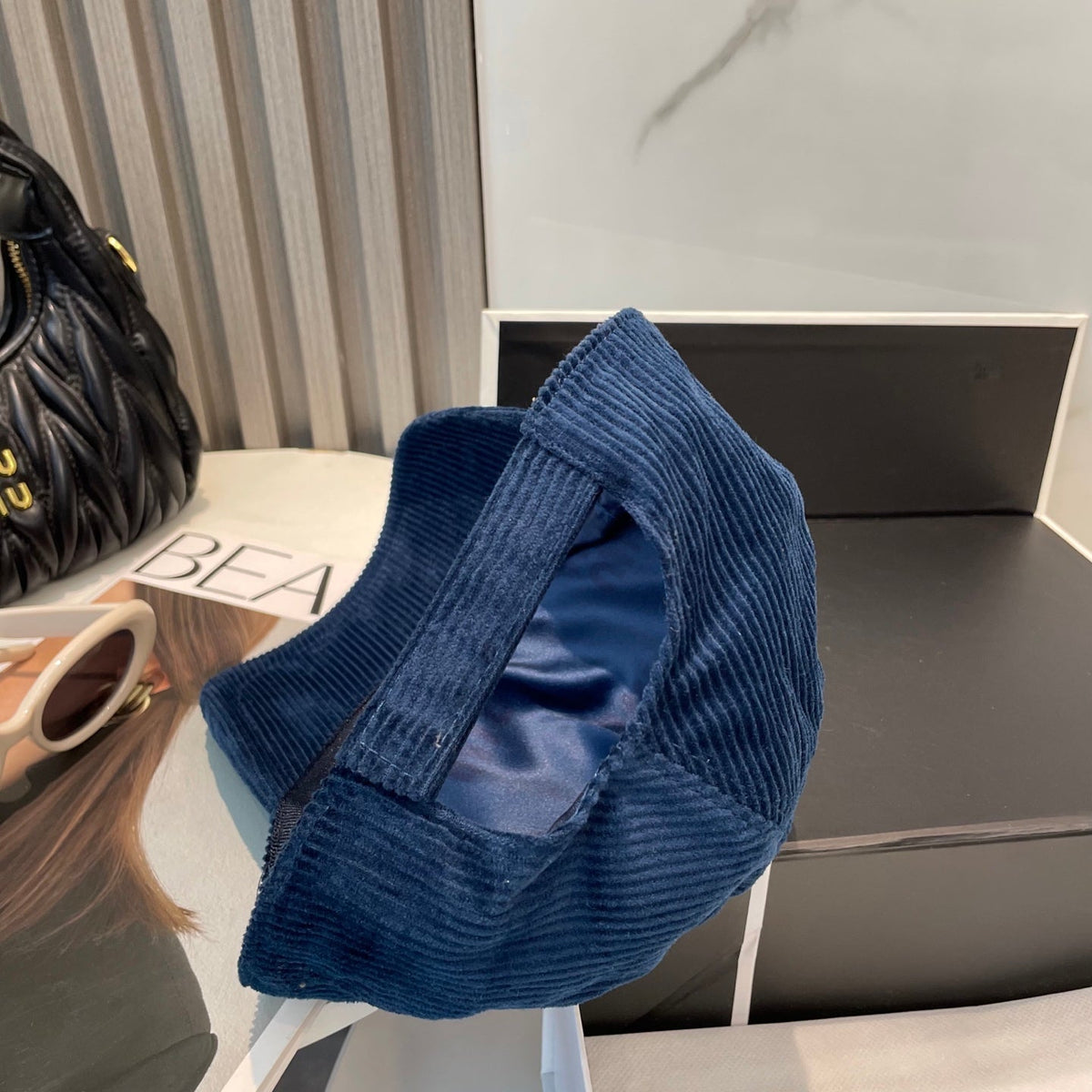 MIU MIU MM BASEBALL CAP IN NAVY BLUE VELVET