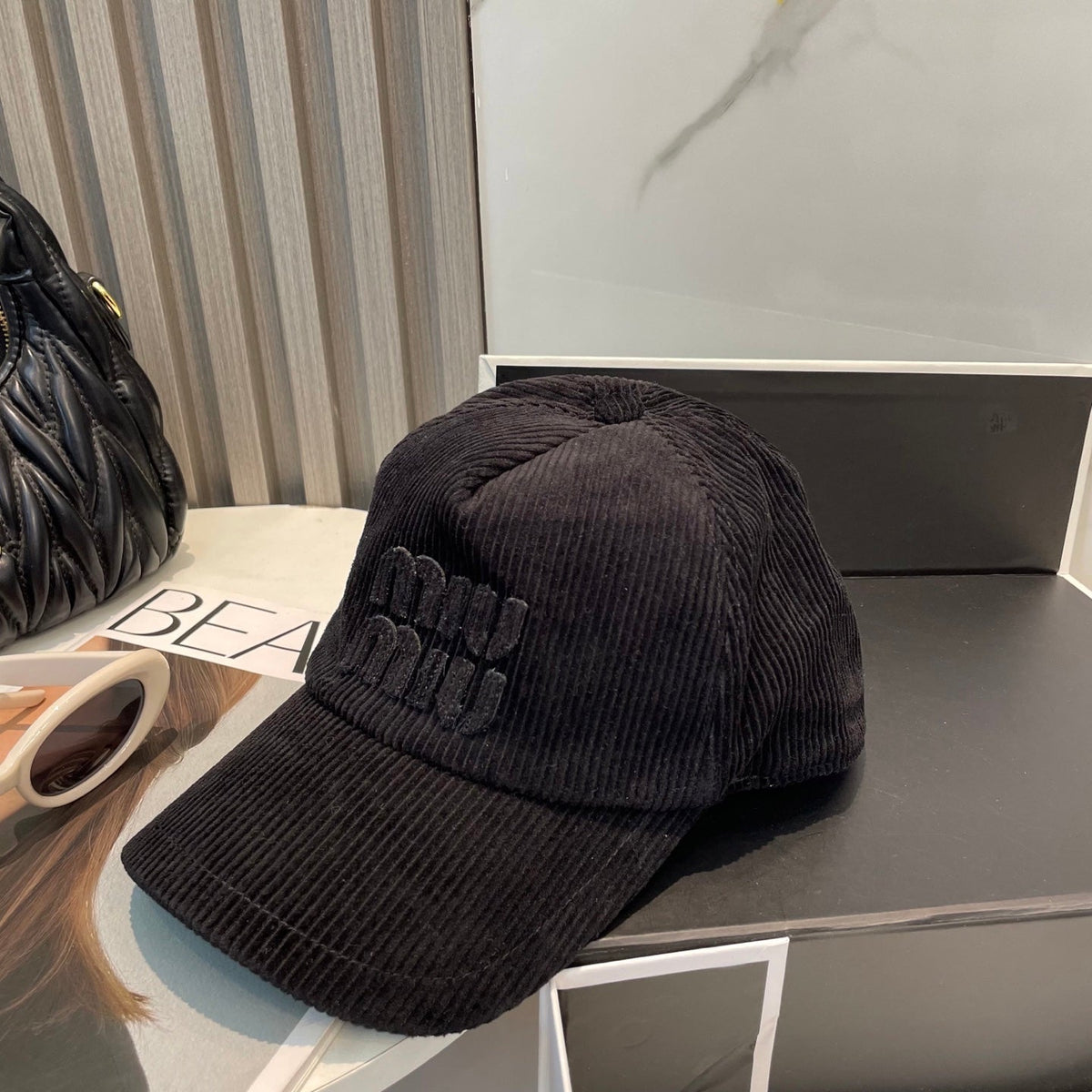MIU MIU MM BASEBALL CAP IN BLACK VELVET