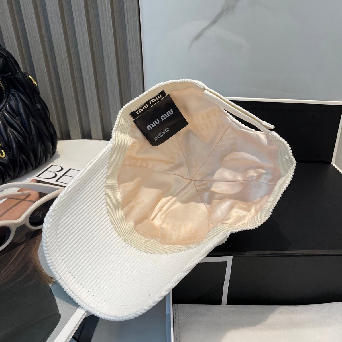 MIU MIU MM BASEBALL CAP IN WHITE VELVET