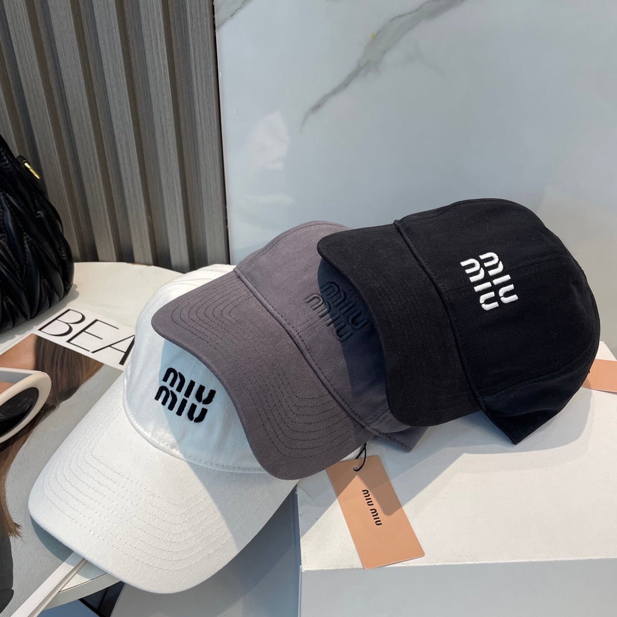 MIU MIU MM BASEBALL CAP IN GREY ORANGE FABRIC BRAND EMBROIDERY