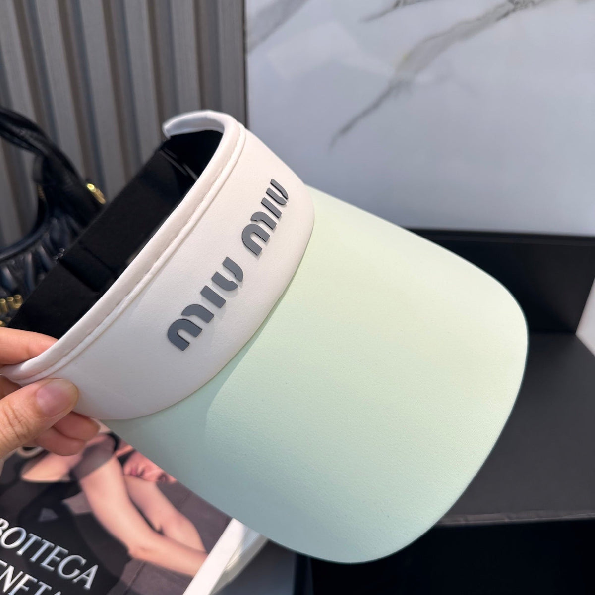 MIU MIU MM SPORT VISOR CAP IN PASTEL GREEN MIX WHITE FABRIC