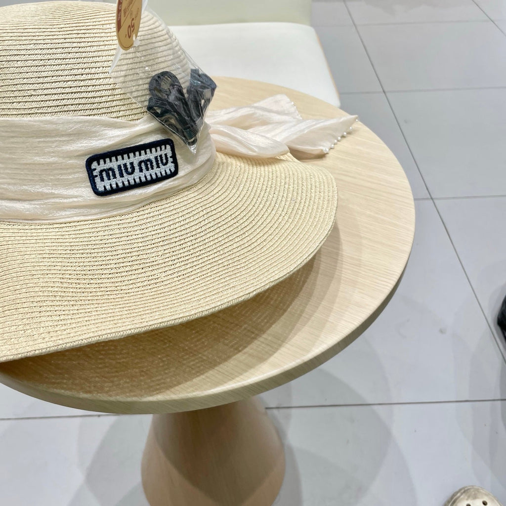 MIU MIU MM WIDE-BRIM BEACH HAT IN LIGHT BEIGE WITH FABRIC BOW
