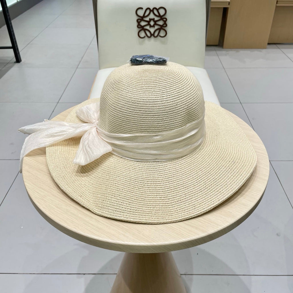 MIU MIU MM WIDE-BRIM BEACH HAT IN LIGHT BEIGE WITH FABRIC BOW