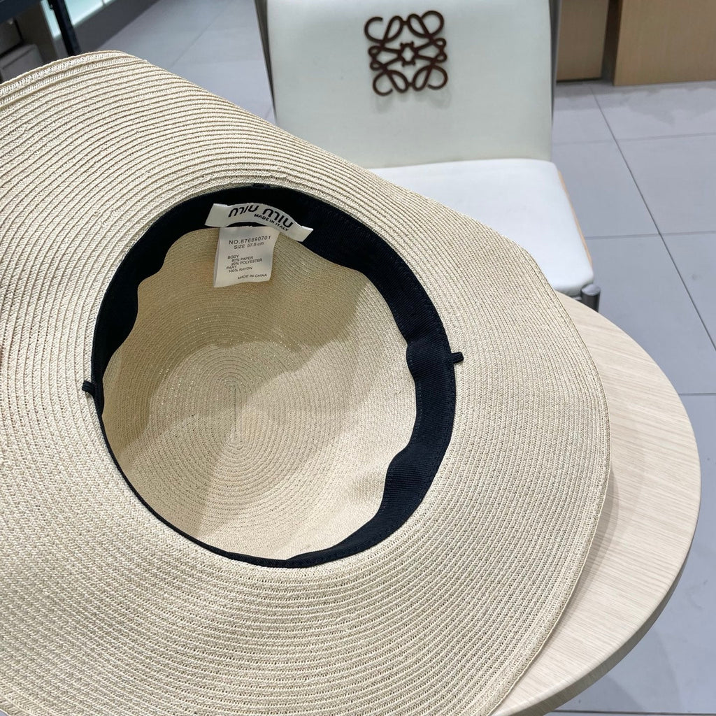 MIU MIU MM WIDE-BRIM BEACH HAT IN LIGHT BEIGE WITH FABRIC BOW