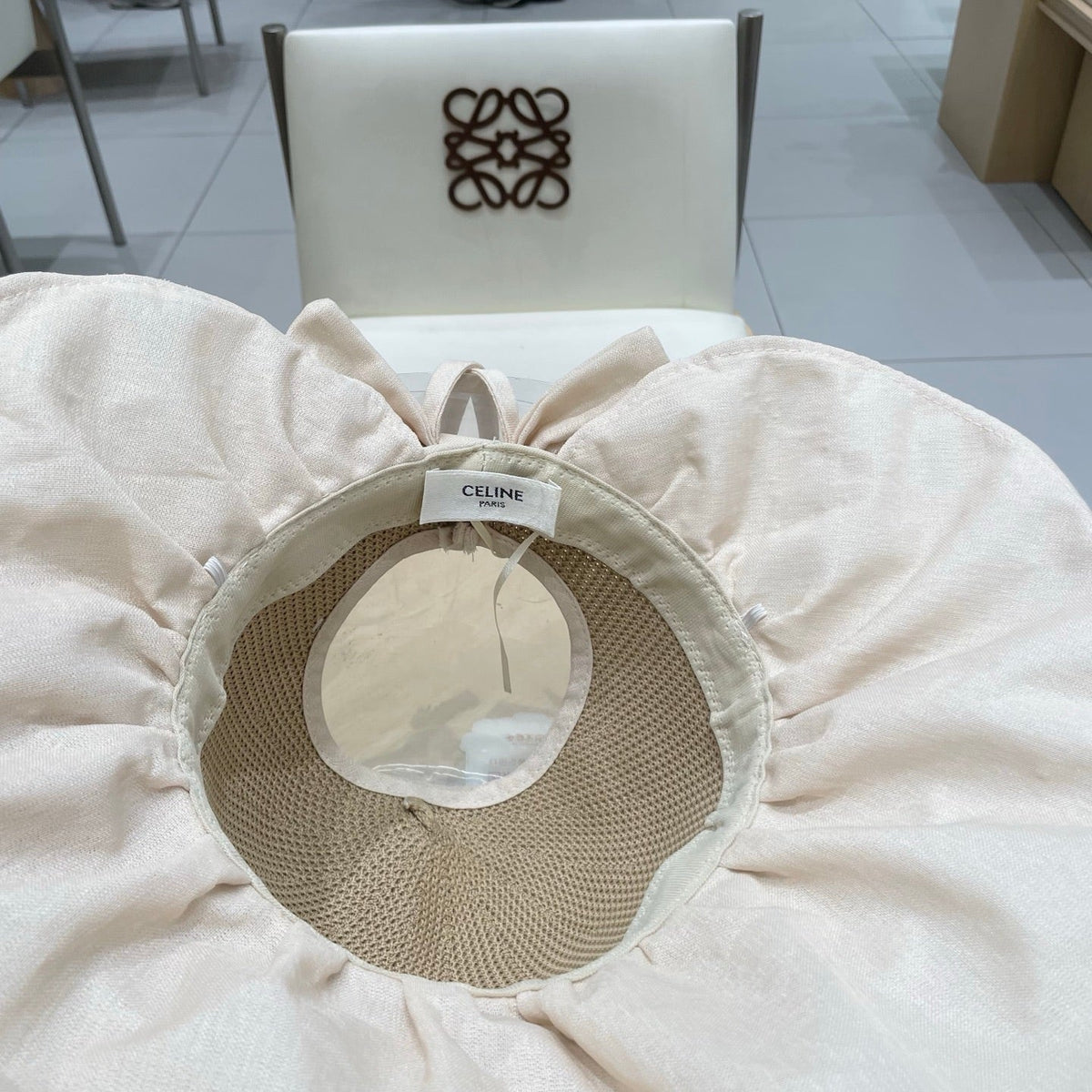 CELINE WIDE BRIM HALF HEAD HAT MODEL 650678 IN DARK BEIGE MESH FABRIC