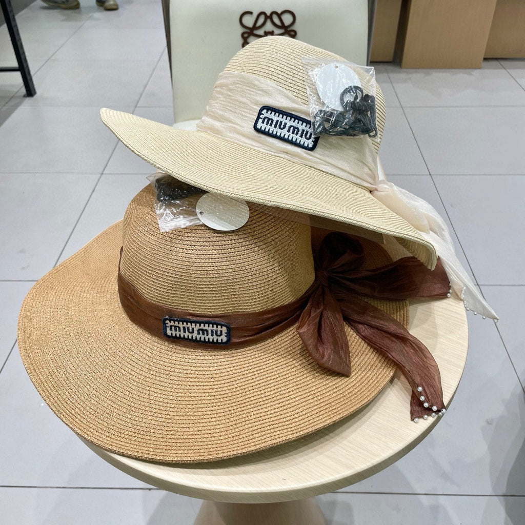 MIU MIU MM WIDE-BRIM BEACH HAT IN LIGHT BEIGE WITH FABRIC BOW