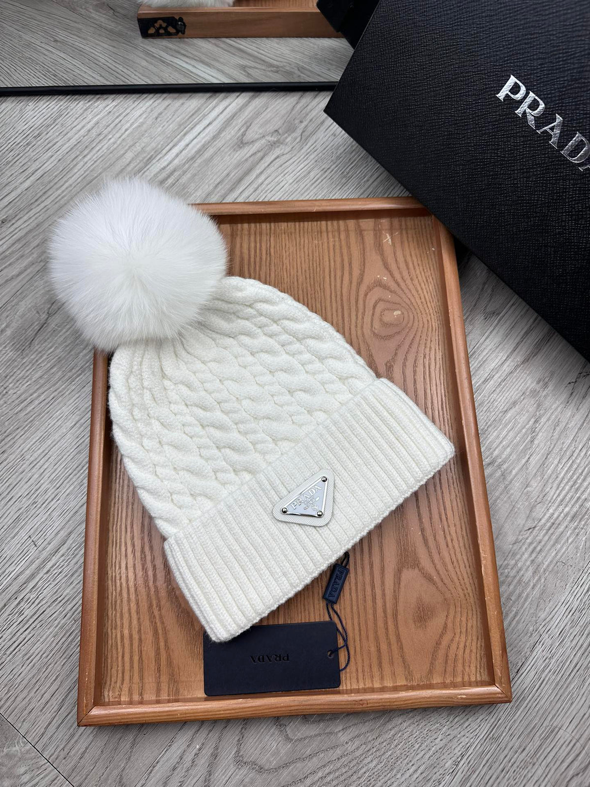 PRADA BEANIE HAT IN WHITE WOOL 352376