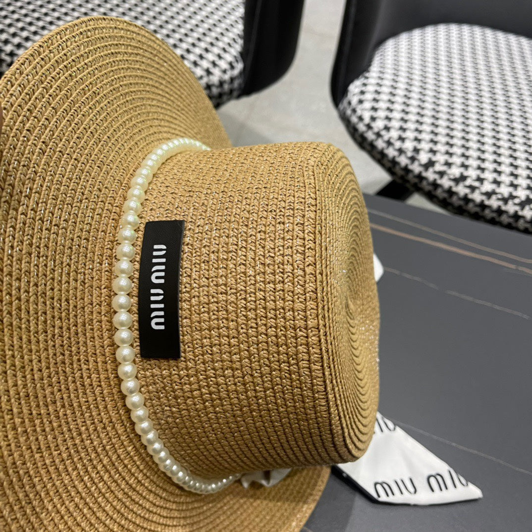 MIU MIU MM SMALL-BRIM STRAW HAT IN BEIGE AND PEARL EMBELLISHED