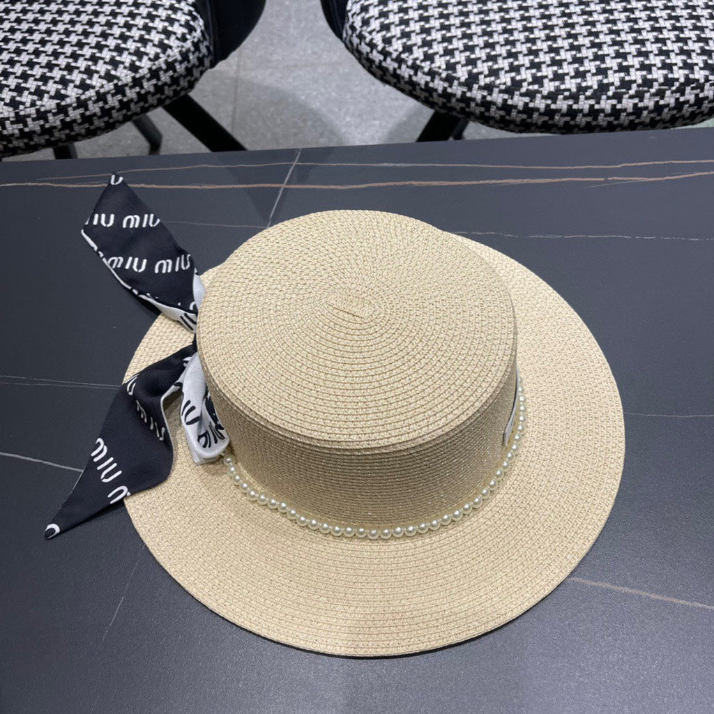 MIU MIU MM SMALL-BRIM STRAW HAT IN LIGHT BEIGE AND PEARL EMBELLISHED
