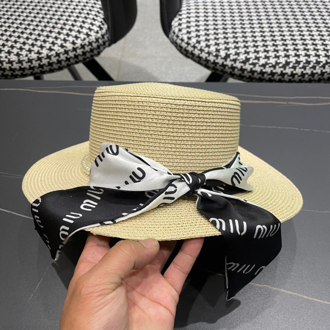MIU MIU MM SMALL-BRIM STRAW HAT IN LIGHT BEIGE AND PEARL EMBELLISHED